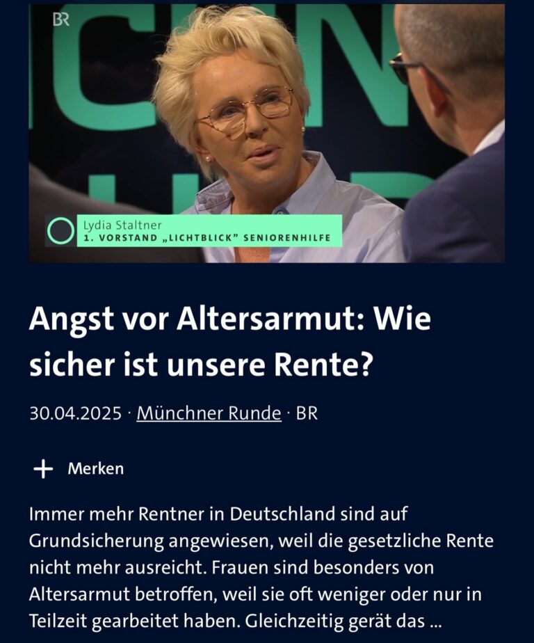Heute war unsere Lichtblick-Gründerin @lydiastaltner zu Gast bei der @bayerischer_rundfunk -#MünchnerRunde mit einer starken Haltung und einer tollen Unterstützung für unsere Seniorinnen und Senioren in Altersarmut. Vielen Dank, liebe @lydiastaltner für deinen Einsatz und tolle Haltung 🫶🏼
Link in der BIO 👆🏻