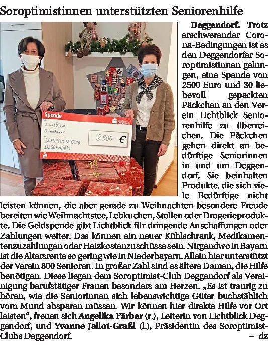 01.01.2021 | Deggendorfer Zeitung | Soroptimistinnen unterstützten Seniorenhilfe