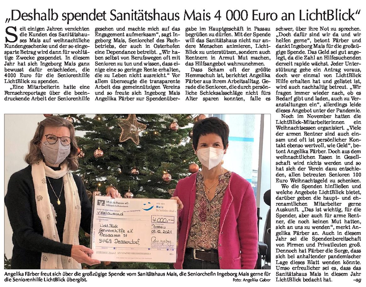 11.12.2021 | Straubinger Tagblatt | „Deshalb spendet Sanitätshaus Mais 4 000 Euro an LichtBlick“