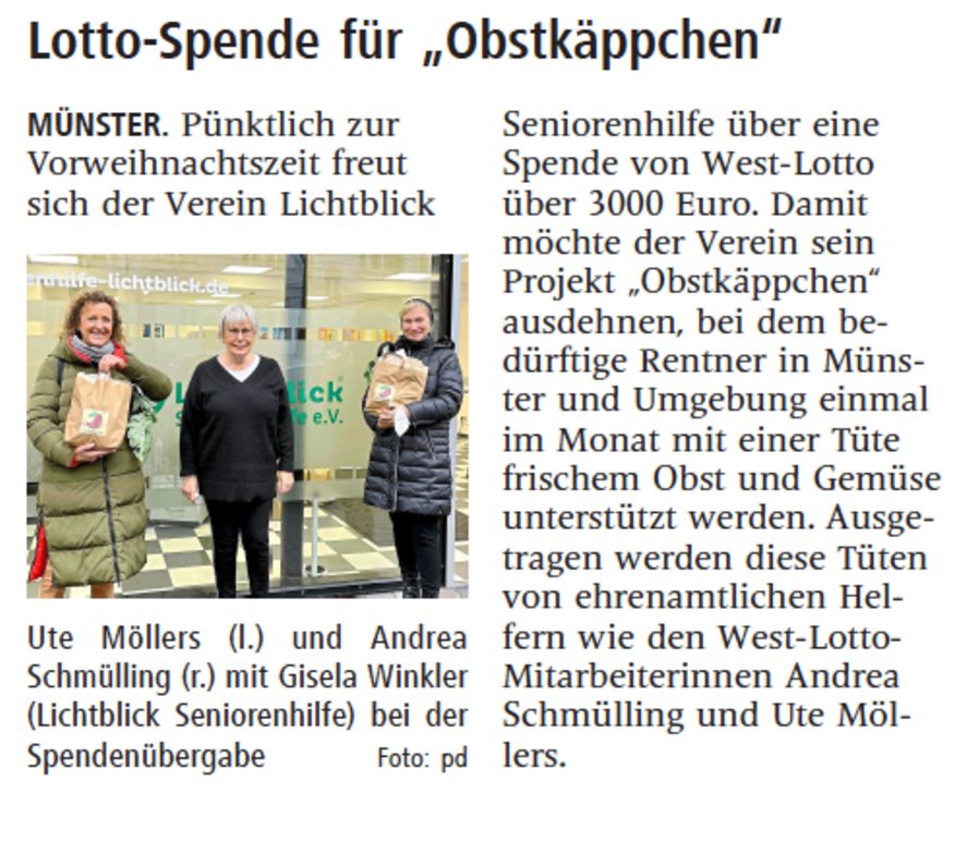 24.12.2021 | Westfälische Nachrichten | Lottospende für „Obstkäppchen“