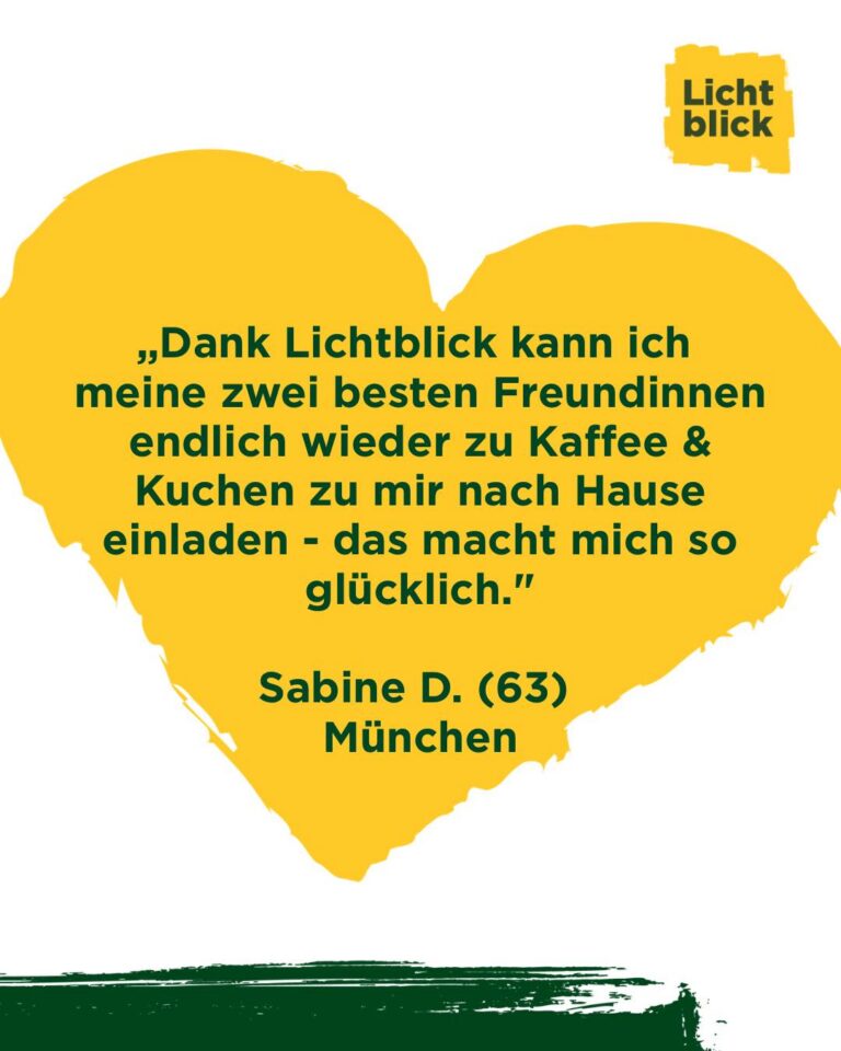 Altersarmut bedeutet...
... vom sozialen Leben ausgeschlossen zu sein! 💔

Viele Senioren, wie die 63-jährige Münchnerin Sabine D., wissen nur zu gut, was es heißt, sich keinen einfachen Kaffee leisten zu können oder Freunde nicht nach Hause einladen zu können. 

Wenn das Geld kaum für das Nötigste reicht, bleibt kein Raum für soziale Teilhabe. 😔

Doch dank unserer Unterstützung mit Lebensmittelgutscheinen und einer monatlichen Patenschaft von 35 Euro kann Sabine ihre Freundinnen nun endlich wieder bei sich willkommen heißen. ☕️ 🍰 

In einem Brief an uns schreibt sie, wie überglücklich sie das macht. 💌

#Rentnerpost #Seniorenbriefe
#Lichtblickseniorenhilfe #LichtBlick
#Dankbarkeit